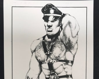 Rare REX Pointillism Art Print 8.5x11 &quot;Leather Man in Harness & Jock&quot; #3208 Dated 9-14-76 Eagle Tattoo