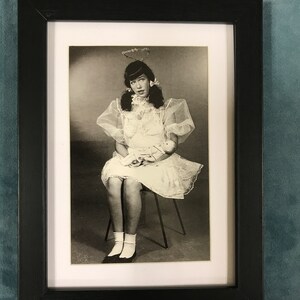 Bettie Page Pin Up Girl Matted and Framed Postcard/Print 6” x 8&quot; Photo by Bunny Yeager. Girly Dress