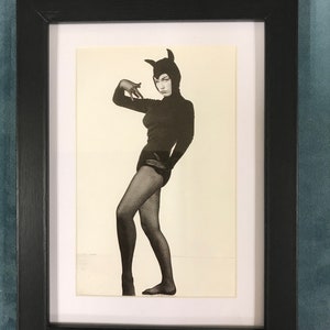 Bettie Page Pin Up Girl Matted and Framed Postcard/Print 6” x 8&quot; Photo by Bunny Yeager. Cat Woman Suit