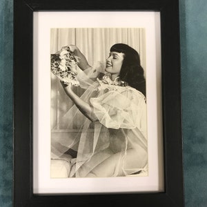 Bettie Page Pin Up Girl Matted and Framed Postcard/Print 6” x 8&quot; Photo by Bunny Yeager. Leopard Shoes Booties