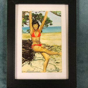 Bettie Page Pin Up Girl Matted and Framed Postcard/Print 6” x 8&quot; Photo by Bunny Yeager. Bikini Beach Swinger