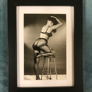 Bettie Page Pin Up Girl Matted and Framed Postcard/Print 6” x 8&quot; Photo by Bunny Yeager. Sexy Stool Pose