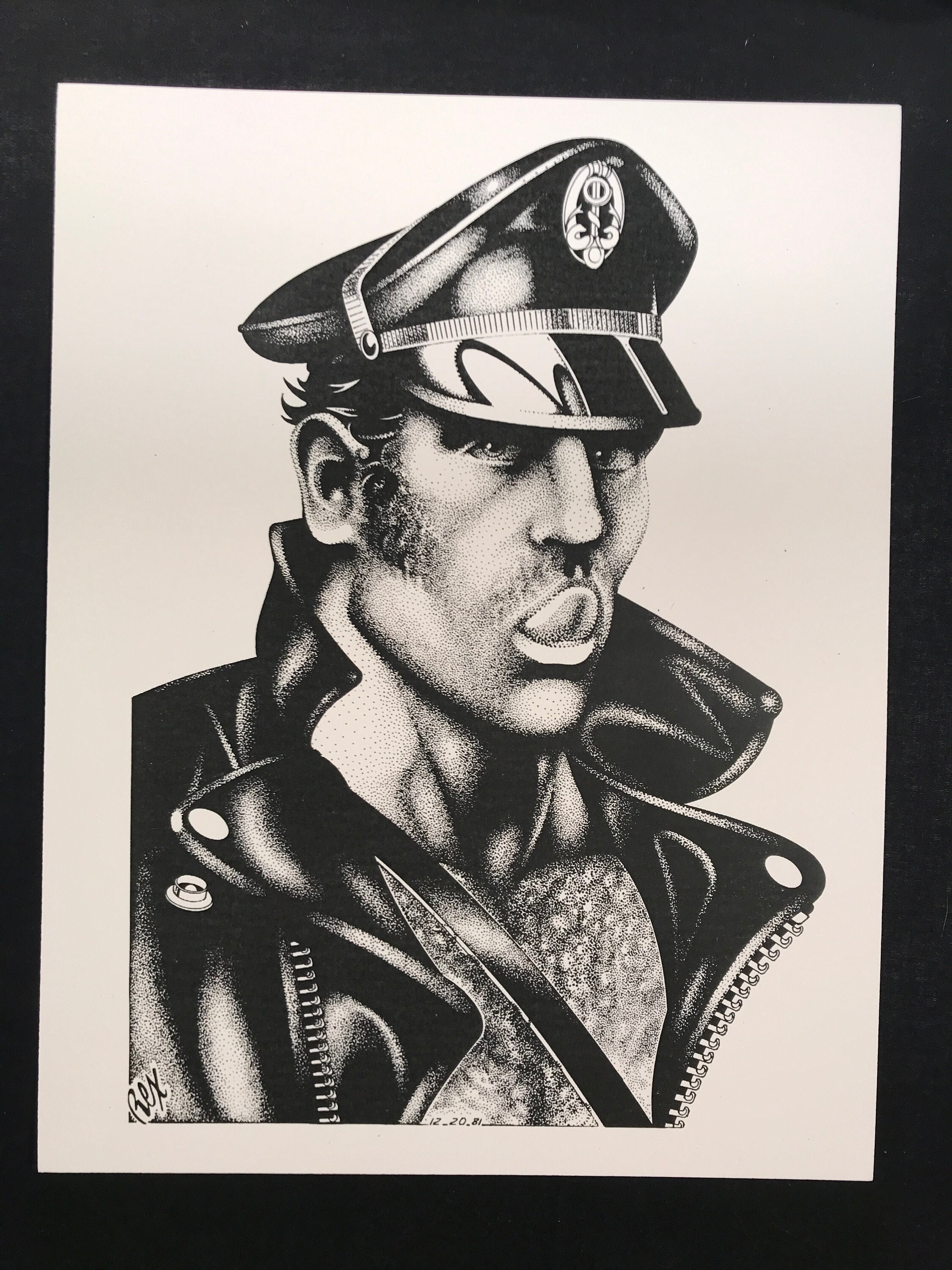 Rare REX Pointillism Art Print 8.5x11 "Leather Man with Tongue Out" #3191 Dated 12-20-1981