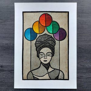 Peut inclure: Une peinture à l'aquarelle d'une personne portant un foulard à motifs noirs et blancs. La personne porte une chemise grise et a les yeux fermés. Au-dessus de la tête de la personne, il y a six ballons colorés en forme d'arc-en-ciel.
