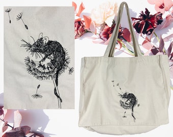 Animal lover Large Canvas Tote Bag, Reclaimed Recycled Shopping Bag, Custom Machine Embroidery, Mouse, Hare, Badger, fox, Owl Hedgehog