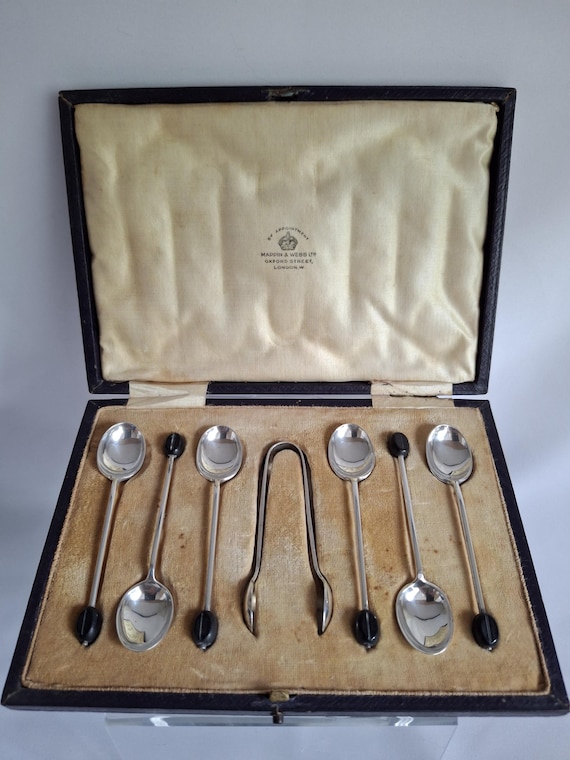 Silver Coffee Bean Spoons & Tongs - Mappin and Webb - Sheffield 1927
