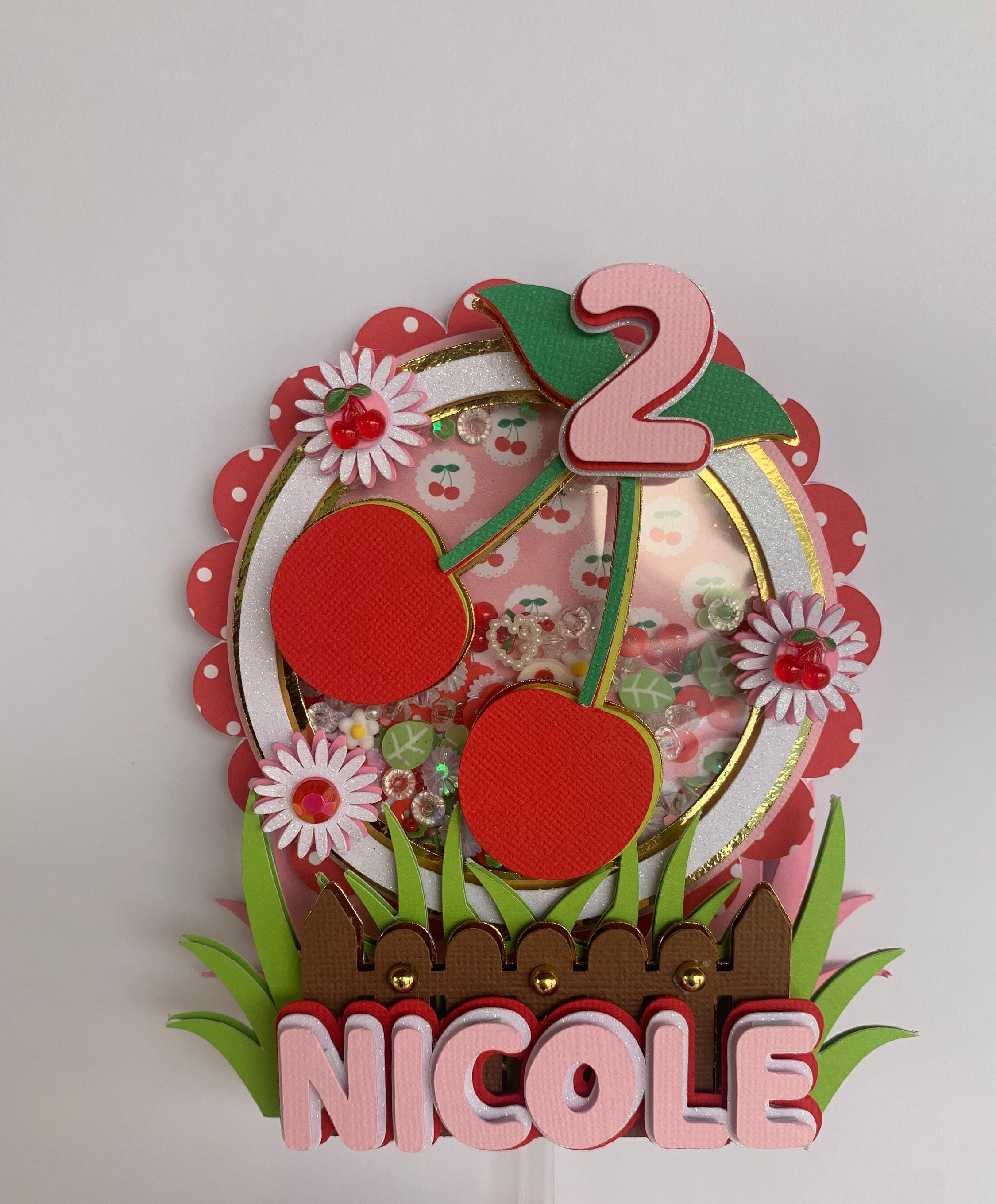 Our Little Cherry On Top Cake Topper - Red Glitter Birthday Baby Shower Party Decoration