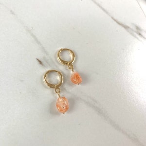 Gold or Silver Plated Sunstone Nugget Huggie Hoops | Handmade Wire-Wrapped Sunstone Gemstone Earrings