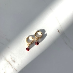 Gold or Silver Plated Garnet Huggie Hoops | Handmade Wire-Wrapped Garnet Gemstone Earrings