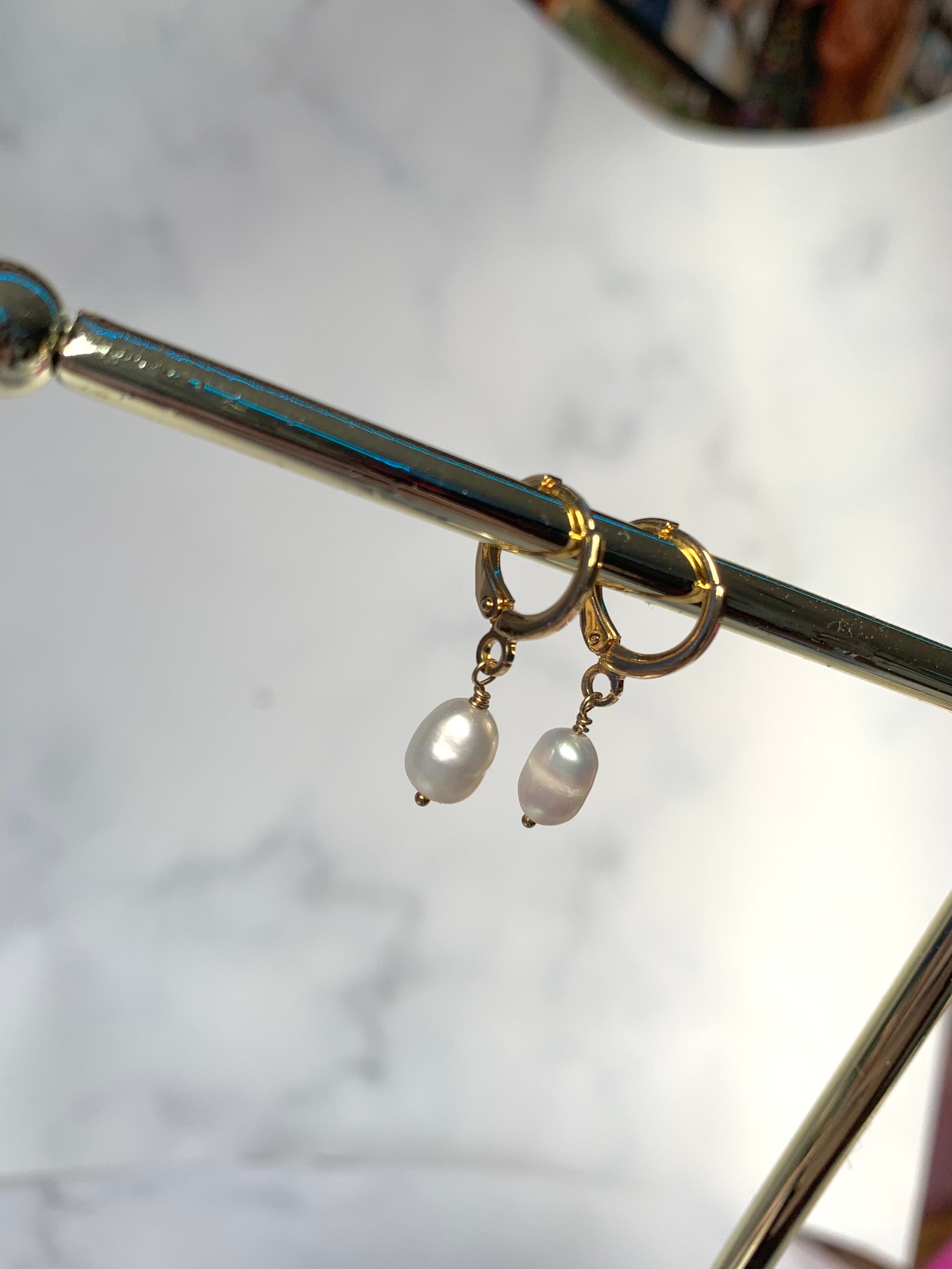 Gold or Silver Plated Pearl Huggie Hoops | Handmade Wire-Wrapped Freshwater Pearl Earrings