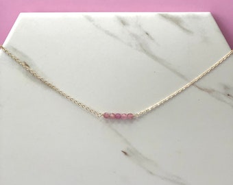 Collar de barra de turmalina rosa genuina de oro o plata hecho a mano