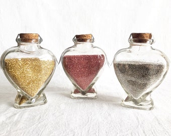 German Glass Glitter | 6 oz. Glass Glitter in a Glass Heart Shaped Bottle | Gold, Silver, or Seashell Pink Glass Glitter