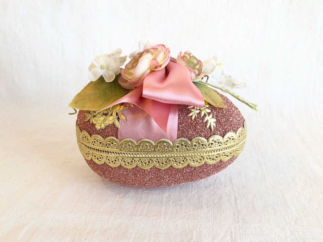 Vintage Inspired Pink Glass Glitter Egg Box Easter Egg Candy Box