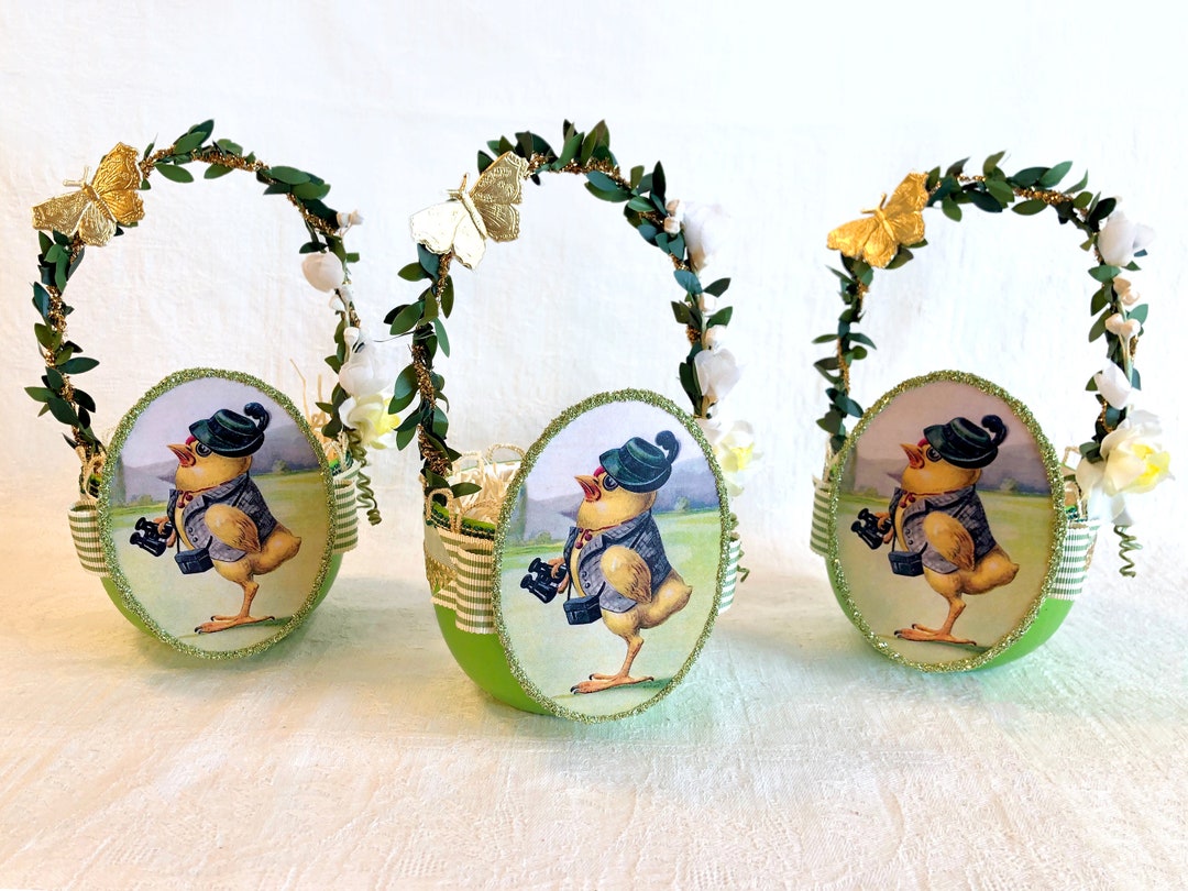 Vintage Inspired Easter Egg Basket Antique Anthropomorphic Chick Image