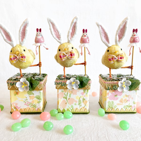 Chick with Spun Cotton Bunny Ears Candy Container | Whimsical Easter Spring Decor | Vintage Wallpaper Box | Chick with Rabbit Walking Stick