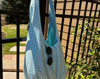 Handmade Cotton Aqua Sling bag, multi purpose bag, Aqua check patterned bag, Tote bag, Beach bag, Boho purse, handmade purse,