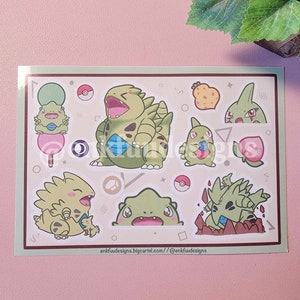 Cute Green Dino Poke Sticker Sheet | Cute Sticker Sheets | Game Sticker Sheets | Cute Poke Stickers | Cute Anime Stickers | Waterproof