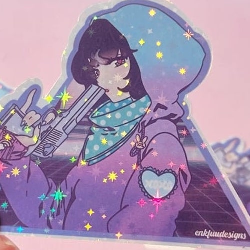 Retro Anime Girl Holographic Sticker Holographic Stickers Etsy