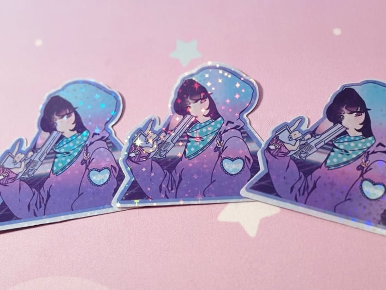 Retro Anime Girl Holographic Sticker Holographic Stickers Etsy