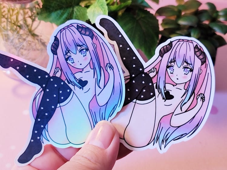 Cute Anime Demon Girl Holographic Sticker | Original Character | Holographic Stickers | Ecchi Anime Stickers | Ecchi Anime | Waterproof