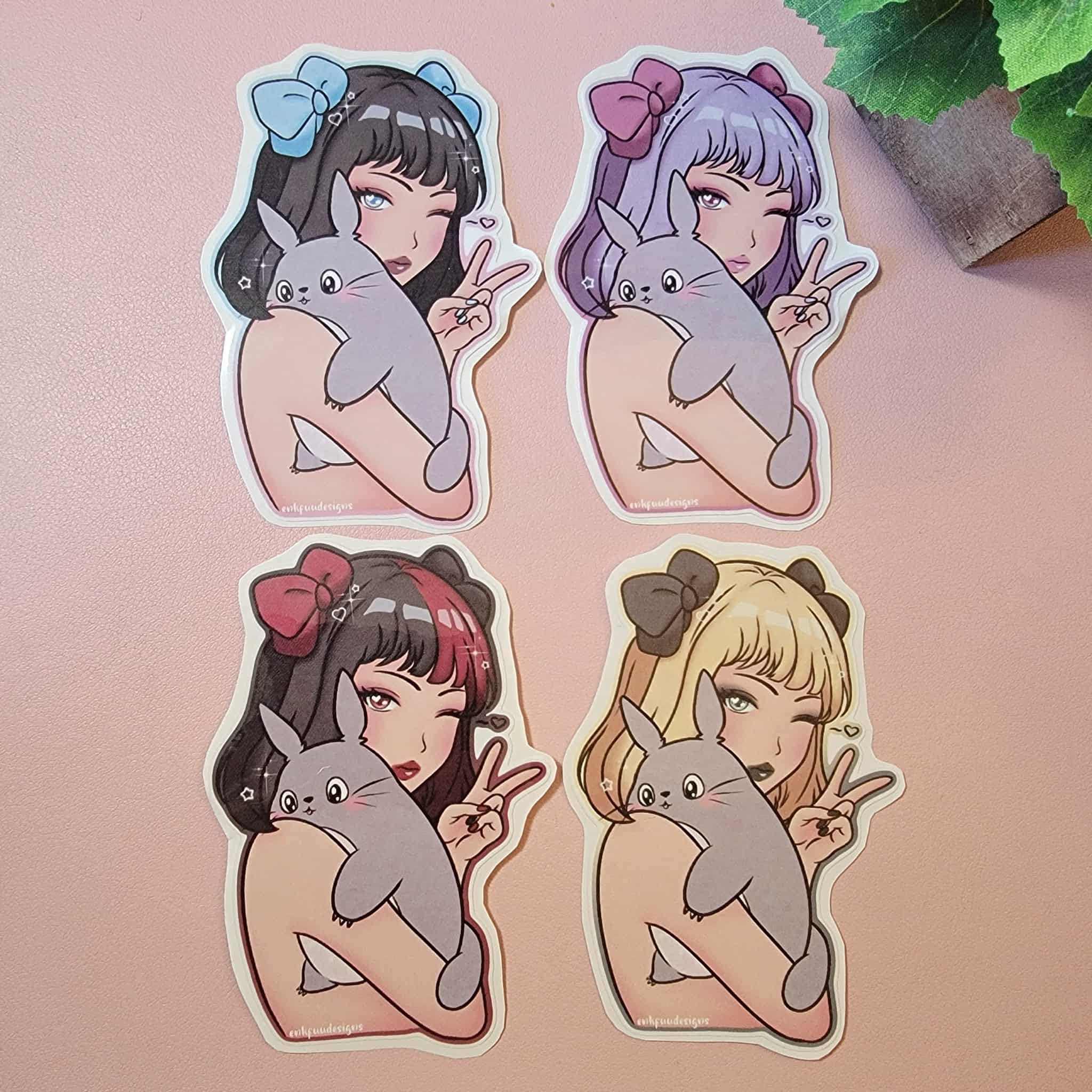 Cute Anime Girl Holding Plush Sticker | Holographic Anime Stickers ...