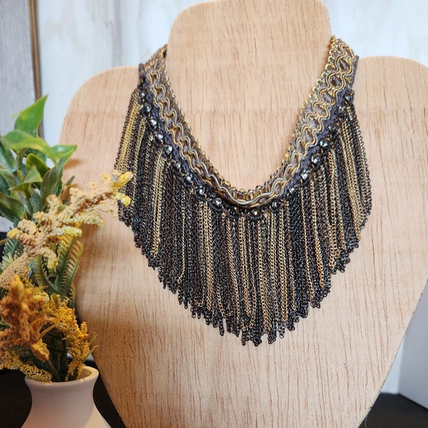 Bohemian necklace, Choker necklace,  Multichain statement necklace, Fringe  rhinestone necklace