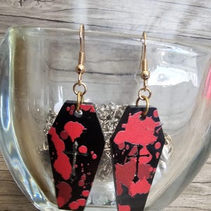 Coffin Dangle Drop Earring, Blood Spatter Pattern, Fancy Gothic Cross, Goth Jewelry, Black Red, White Red, Vampire Jewlery