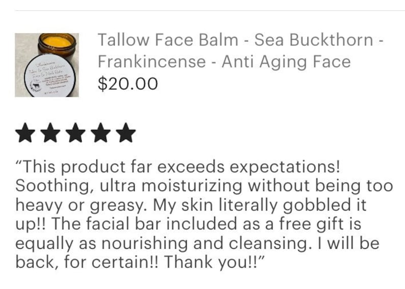 Pode incluir: Um frasco de b&aacute;lsamo facial de sebo com espinheiro mar&iacute;timo e incenso, rotulado como um produto facial anti-envelhecimento. A imagem inclui uma avalia&ccedil;&atilde;o de cliente de cinco estrelas.