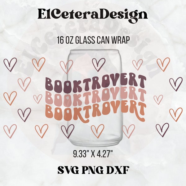 Booktrovert Retro Book Lover 16 Oz Libbey Glass Can Wrap Svg Cut File Png Sublimation Design, Bookish Svg, Iced Coffee Glass Svg,Reading Svg