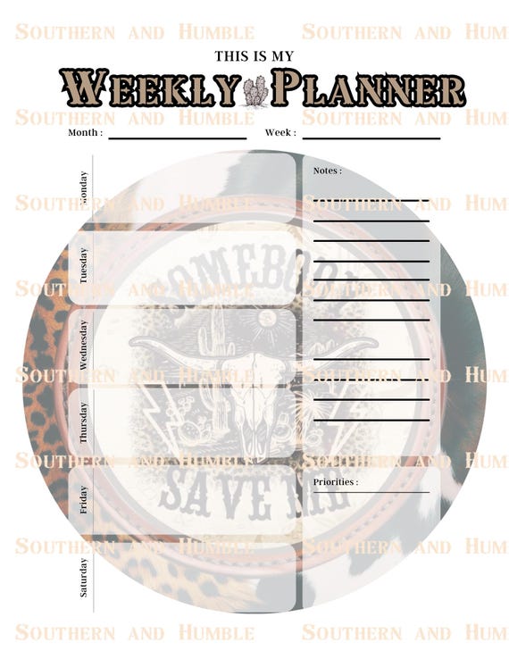Daily Weekly and Budget with Calendar and Note Page 5  pages of Saving Your Butt Country and Western themed planning this is a DIGITAL FILE