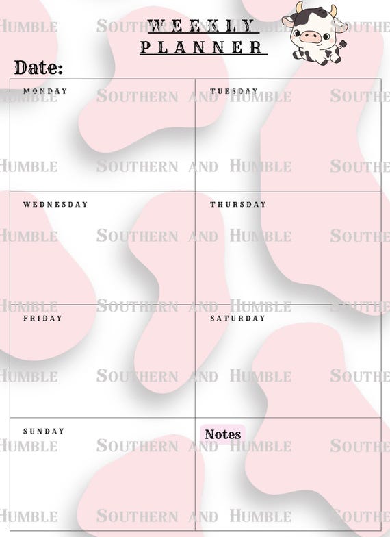 Cow Print Themed Weekly Daily and Budget Planner Calendar Notes Page