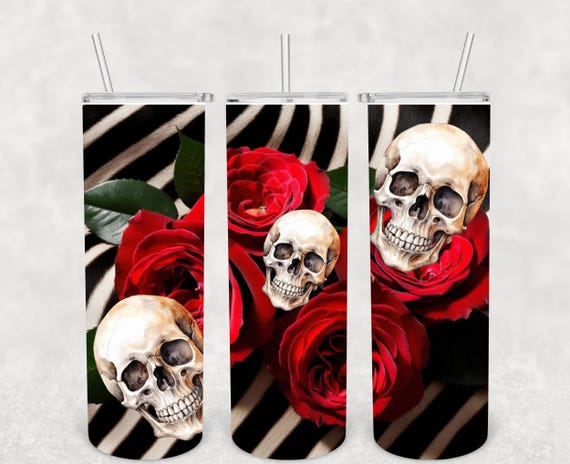 Zebra Print with Red Roses & Skulls 20oz Tumbler Wrap - Sublimation Digital Download