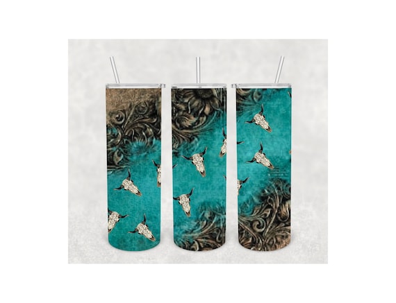 Rustic Longhorn Brown Turquoise Tooled Leather  20oz Sublimation Tumbler Wrap