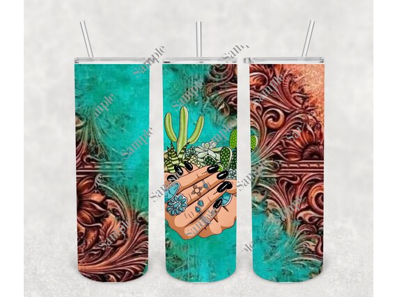 Rustic Tooled Leather Hand Full of Cactus 20oz Sublimation Tumbler Wrap