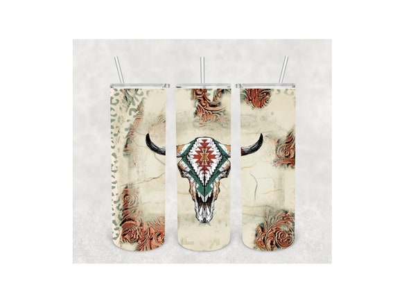 Rustic Leather Tooled Aztec Style Cow Skull 20oz Sublimation Digital Download Tumbler Wrap