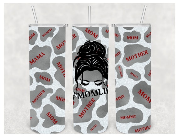 Momlife Dark Gray Cow Print Glitter 20oz Sublimation PNG Tumbler Wrap