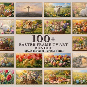 May include: A selection of framed Easter-themed TV art prints. The images depict puppies, bunnies, lambs, and kittens with Easter eggs and flowers. The text reads "100+ Easter Frame TV Art Bundle".