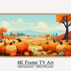 Puede incluir: Una pintura digital de un campo de calabazas en un paisaje otoñal. Las calabazas son de color naranja y amarillo y están dispuestas en filas. El fondo es un cielo azul con nubes blancas y un bosque de árboles en la distancia. El texto "4K Frame TV Art" está en la parte inferior de la imagen.