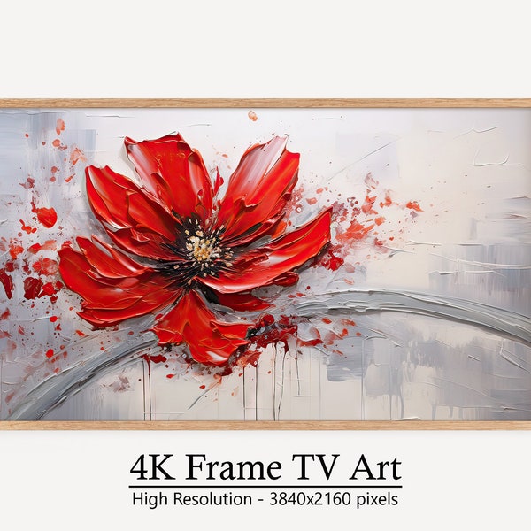 4K Frame TV Art Abstract Flower, Red Flower Oil Painting, Art For Frame TV, Vibrant Flower Art