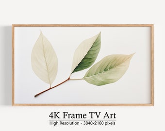 May include: A framed botanical print featuring three leaves in shades of green and cream, set against a white background. The leaves are attached to a brown stem. The frame is made of light-colored wood. Text at the bottom reads "4K Frame TV Art".