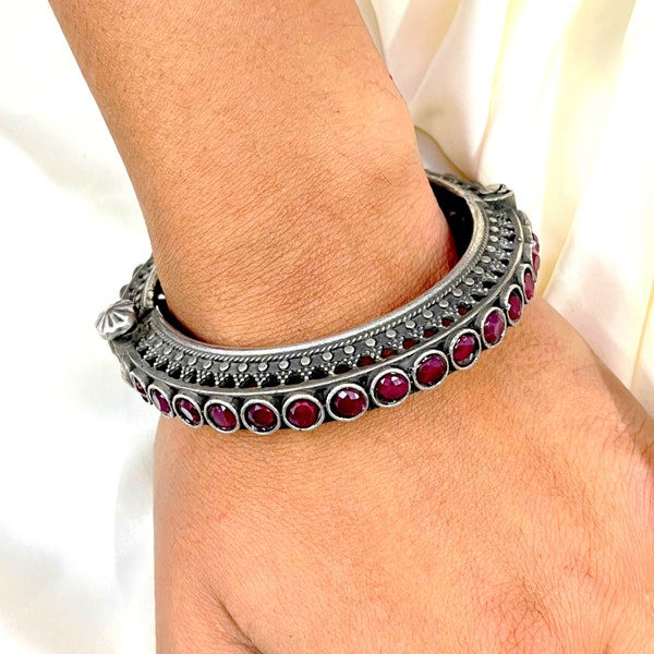 Silver Look Alike Gemstone  Bangles,Handmade Oxidised Bangle Kada,Openable Bangle Bracelet, Hand Kada,Indian Oxidized Jewelry