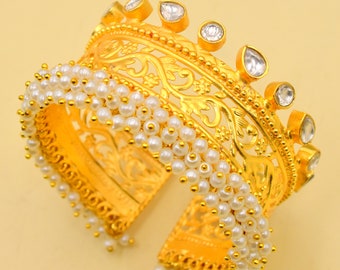 Gold Plated Filigree Pearl Kundan Adjustable Cuff Bangle/Amrapali Jewelry/Indian bangle/Adjustable Bangles/Pakistani Bangle/Cuff bangle