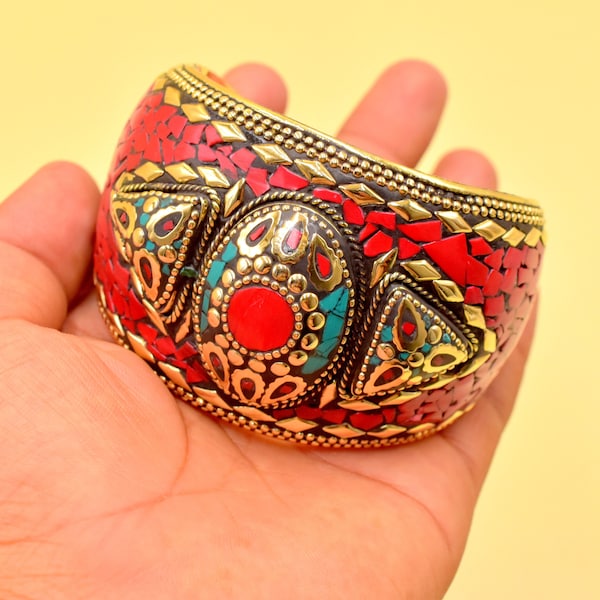 Tibetan Nepalese Cuff Bangle-Turquoise Coral Gemstone Bangle-Tibetan Brass Bangle-Vintage Bangle-Handmade Bangle-Ethnic Boho Bangle Bracelet