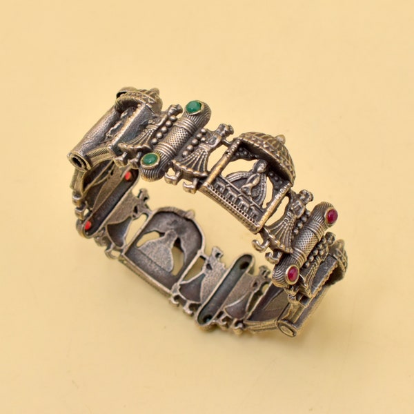 Silver Look Alike Gemstone  Bangles,Handmade Oxidized Bangle Kada,Openable Bangle Bracelet, Pink/Green Hand Kada,Indian Oxidized Jewelry