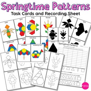 Peut inclure: Ensemble de cartes de tâches et une feuille d'enregistrement intitulée "Springtime Patterns". Les cartes présentent des formes géométriques colorées formant des images d'abeilles, d'oiseaux, de fleurs, etc. La feuille est pour compter et grapher.
