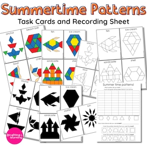 May include: A set of "Summertime Patterns" task cards and a recording sheet. The cards feature colorful geometric shapes arranged to form images of a beach ball, fish, ice cream, and more. The recording sheet includes prompts for counting and graphing patterns.