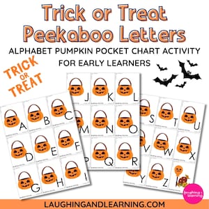May include: A Halloween-themed educational activity set featuring alphabet cards with pumpkin-shaped treat bags. The cards are designed for early learners and include the text "Trick or Treat Peekaboo Letters". The set includes bats and the website laughingandlearning.com.