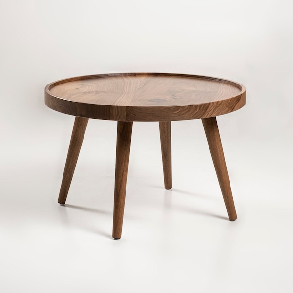 Table basse ronde en noyer avec plateau, table basse, table basse moderne du milieu du siècle, en bois naturel, noyer noir pour le salon, fait main