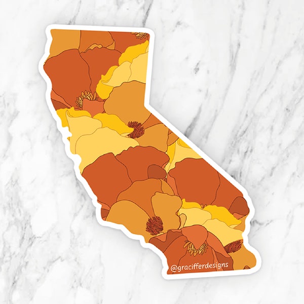 State Flower Sticker - California Poppy, Durable Matte Laptop Decal, Waterproof, Water Bottle, Car, Aesthetic, Nature, Mother's Day Gift