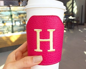 Monogram Cup Cozy - Pink, Personalized Coffee Sleeve, Leather Cup Sleeve, Reusable Coffee Holder, Embroidery Monogram, Coffee Lovers Gift